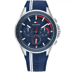 Tommy Hilfiger Aiden 1791859 men's watch with silver case blue dial and blue silicone strap with white stripes