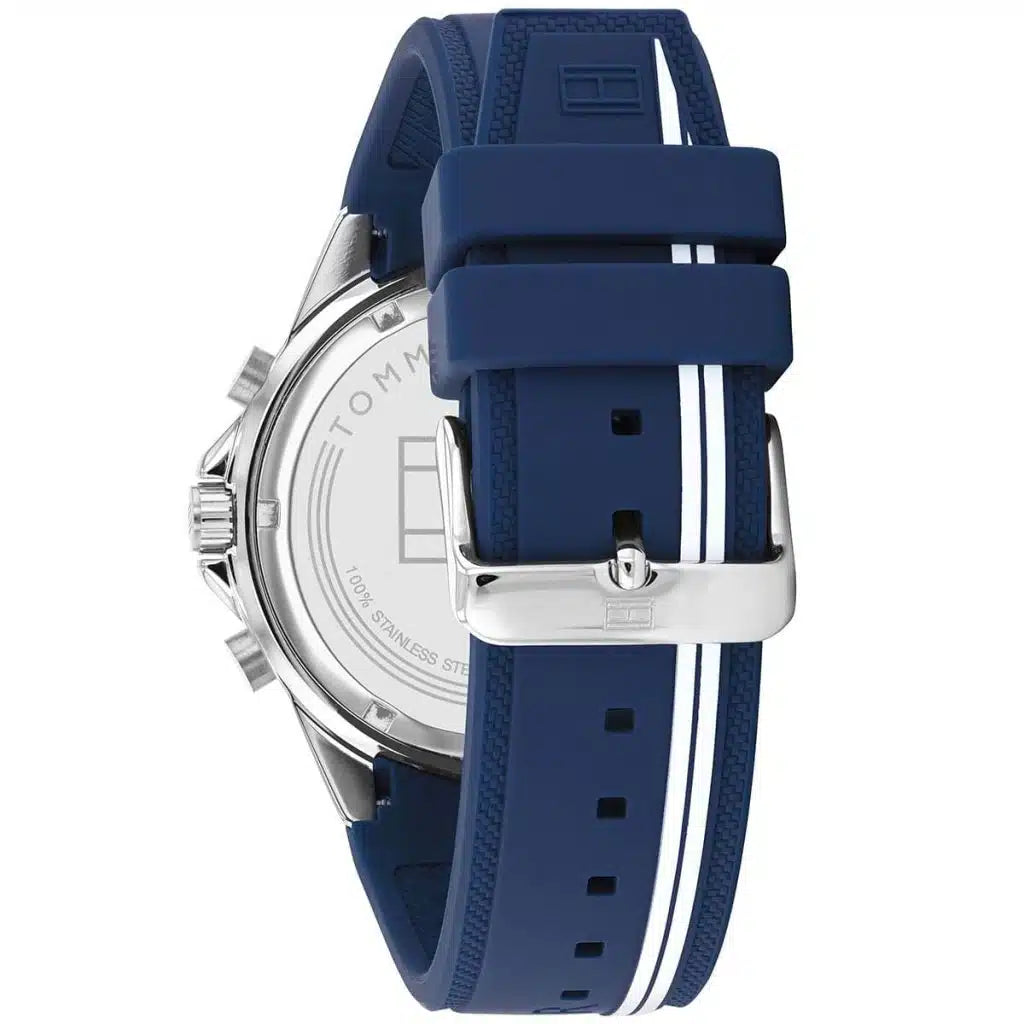 Left side perspective of the Tommy Hilfiger 1791859 blue dial and sporty strap branding