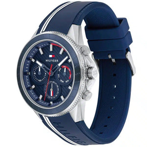 Angled view of the Tommy Hilfiger 1791859 highlighting the polished silver stainless steel case