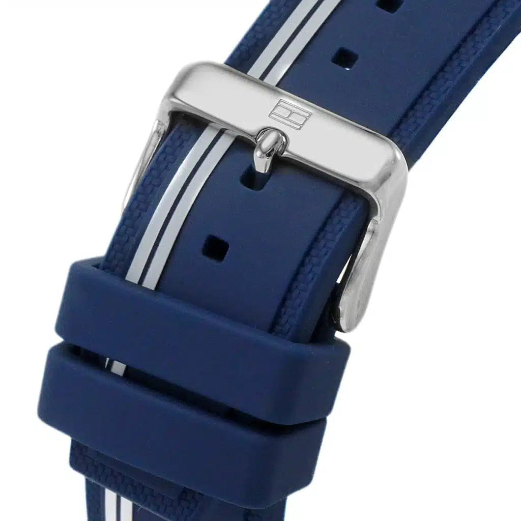 Silver-tone buckle on the blue silicone strap with white racing stripes of the Tommy Hilfiger 1791859
