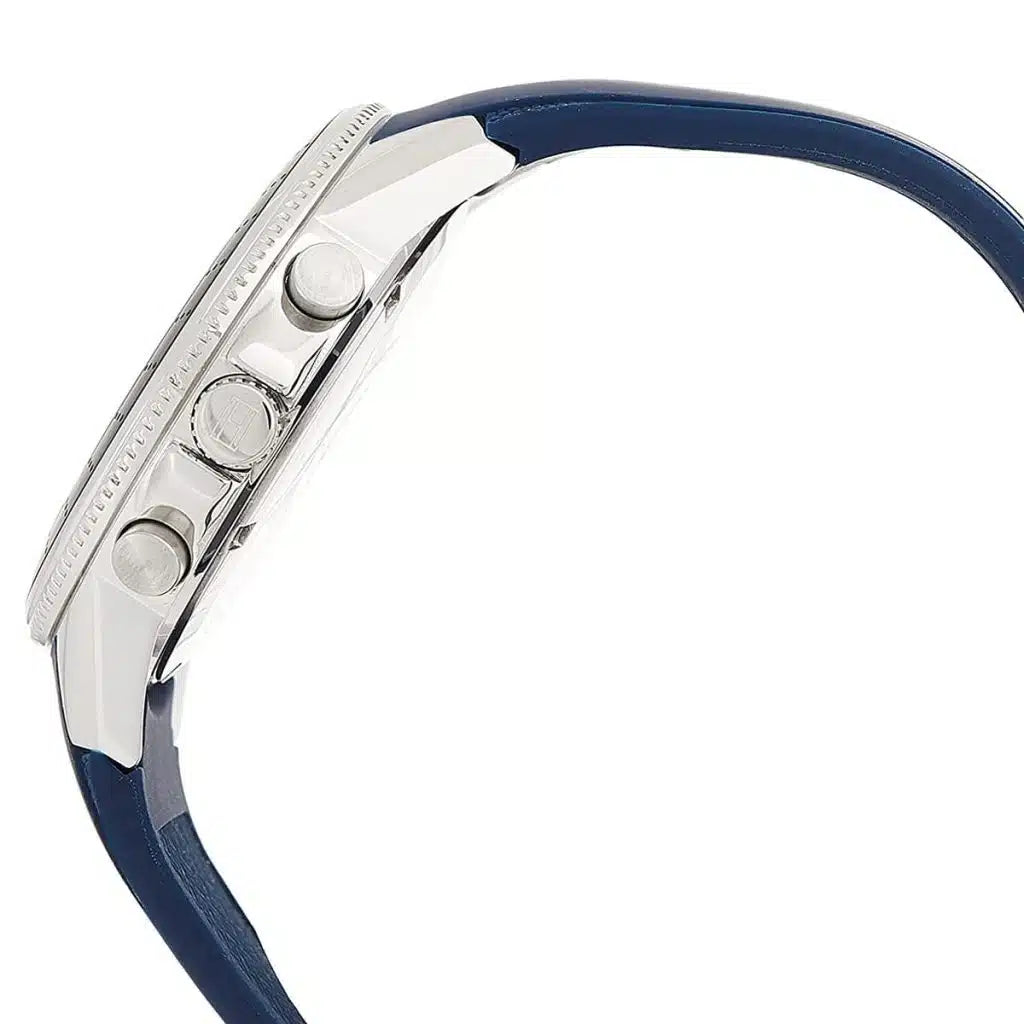 Side profile view of the polished silver case of the Tommy Hilfiger 1791859