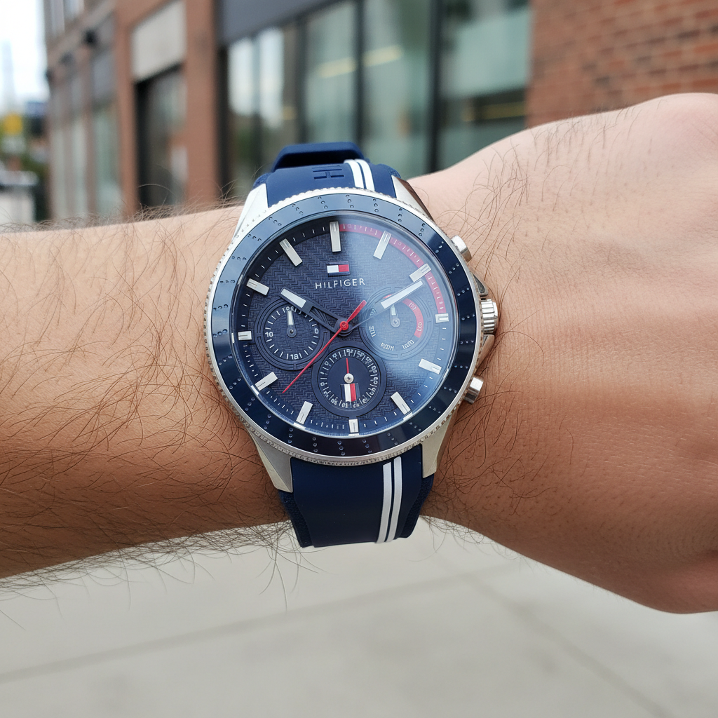 Close up shot of Tommy Hilfiger 1791859 watch on wrist showing the textured blue dial and red accents
