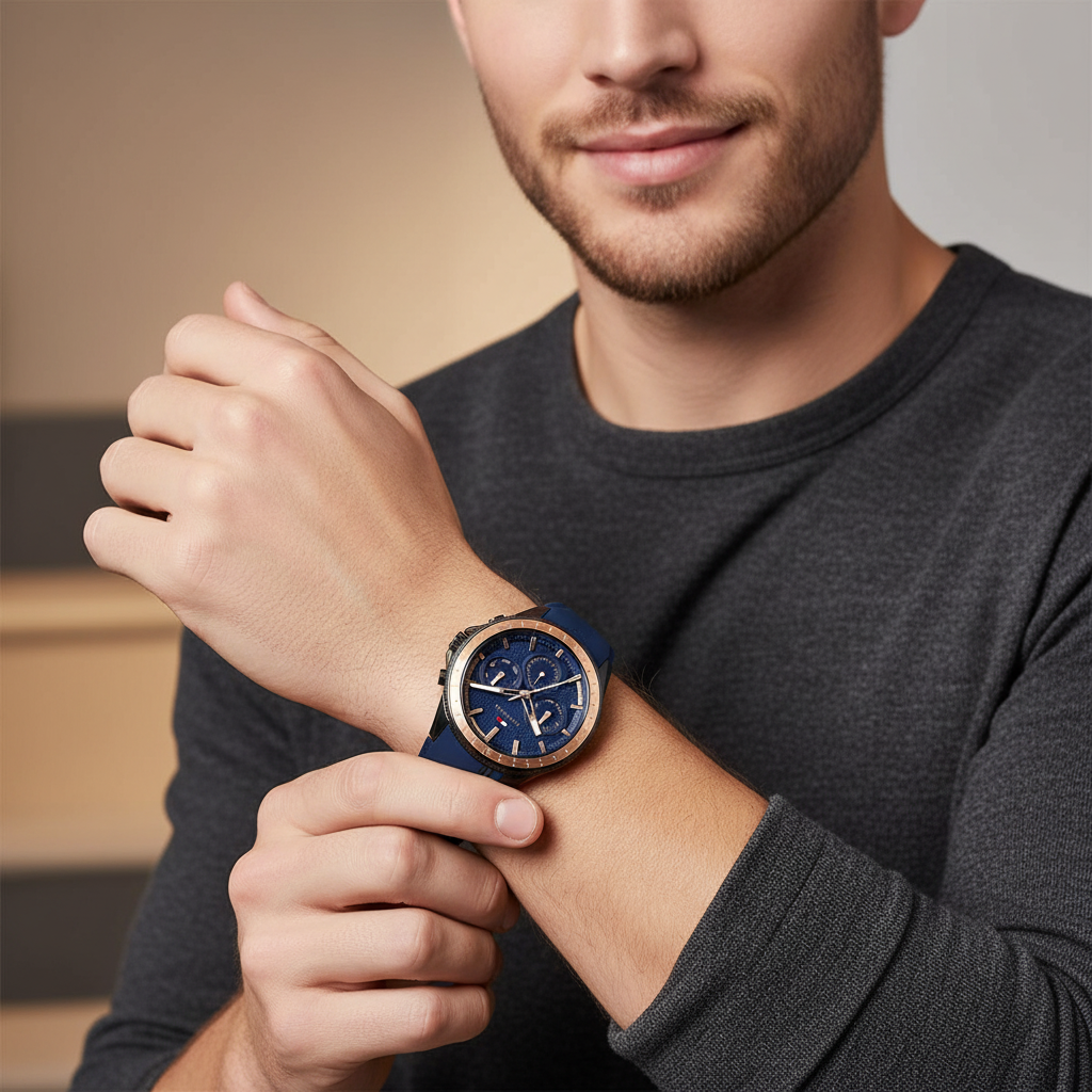 Man wearing Tommy Hilfiger Aiden blue and gold rubber watch for a sharp, bold, and dynamic everyday look