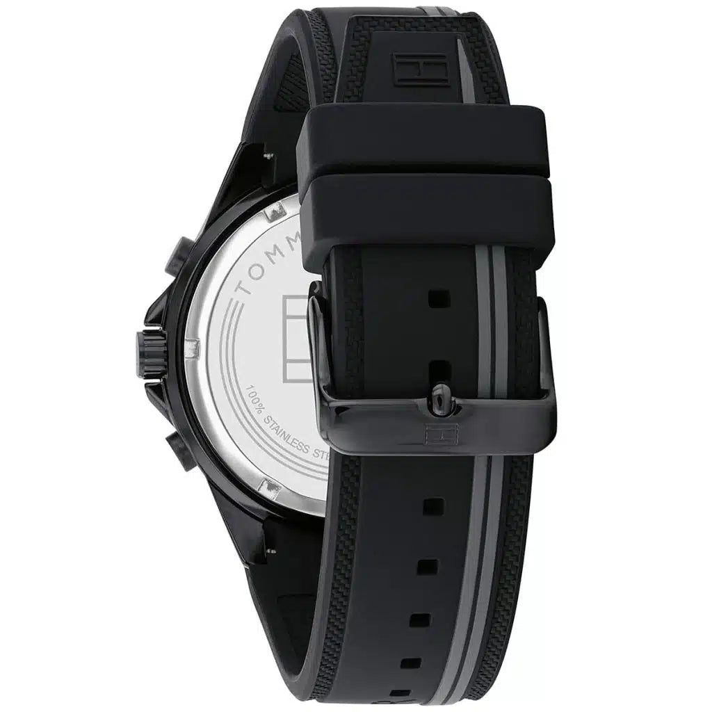 Left side perspective of the Tommy Hilfiger 1791861 black dial and branded silicone strap