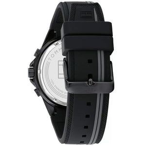 Left side perspective of the Tommy Hilfiger 1791861 black dial and branded silicone strap
