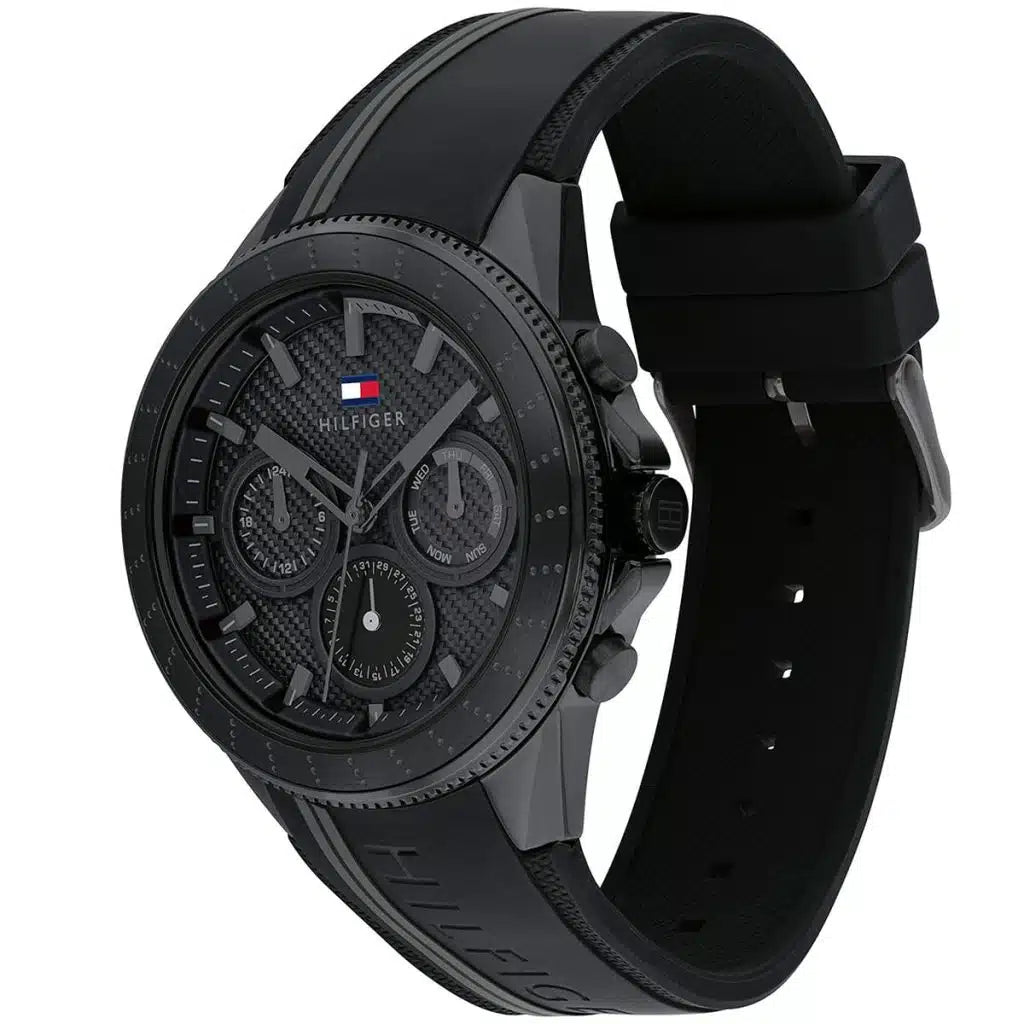 Angled view of the Tommy Hilfiger 1791861 highlighting the black ion-plated stainless steel case
