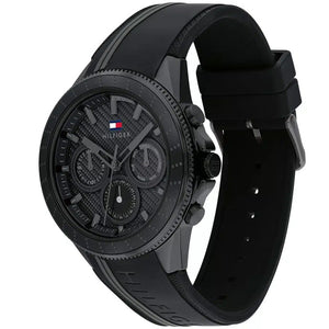 Angled view of the Tommy Hilfiger 1791861 highlighting the black ion-plated stainless steel case