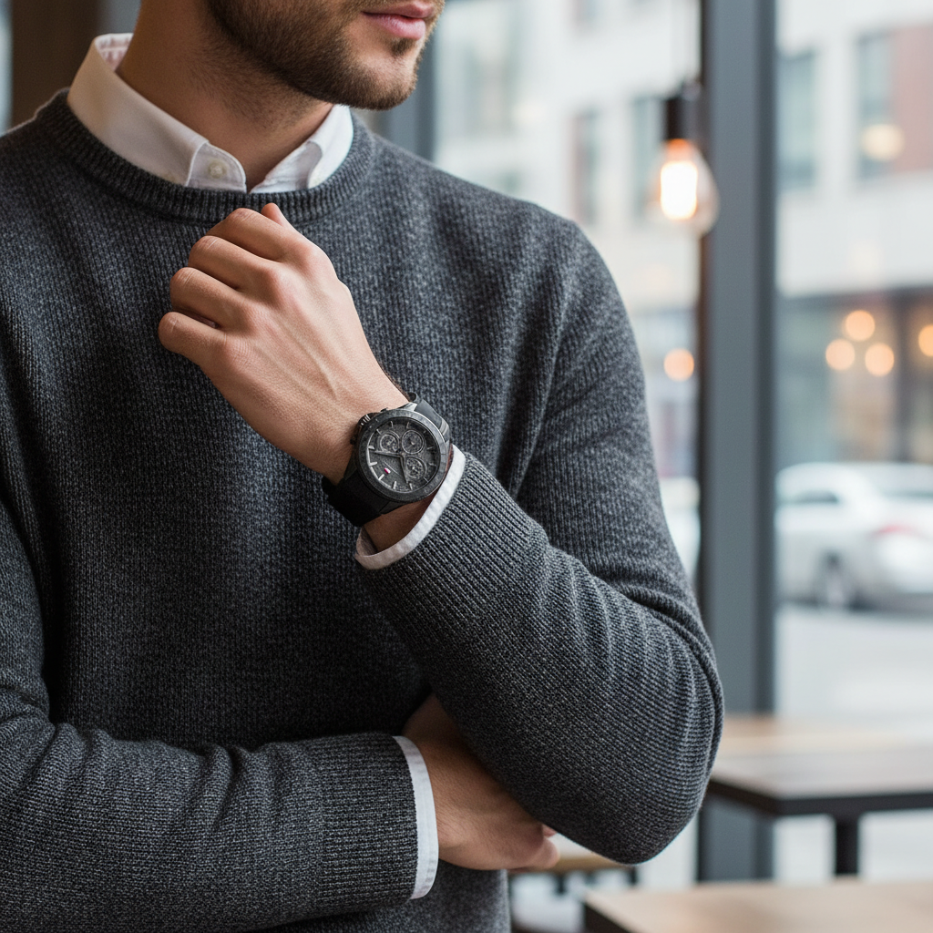 Male model wearing Tommy Hilfiger 1791861 all-black watch with a dark casual outfit