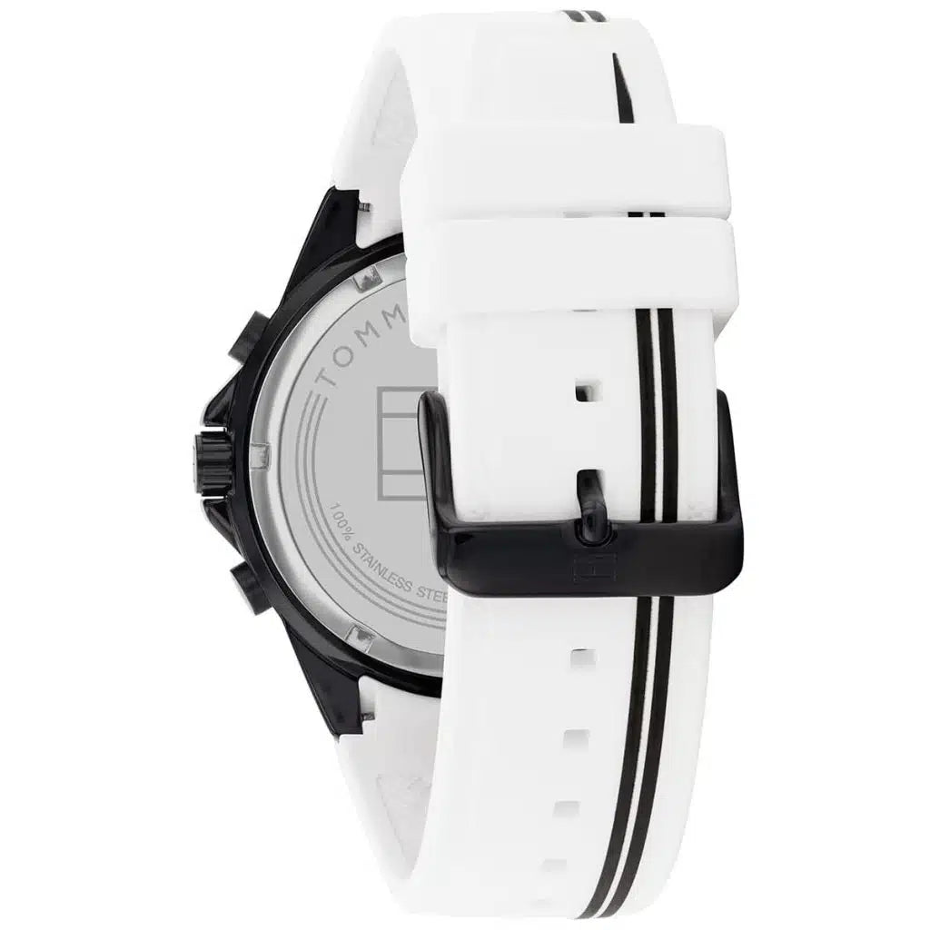 Left side perspective of the Tommy Hilfiger 1791862 white dial and silicone strap branding