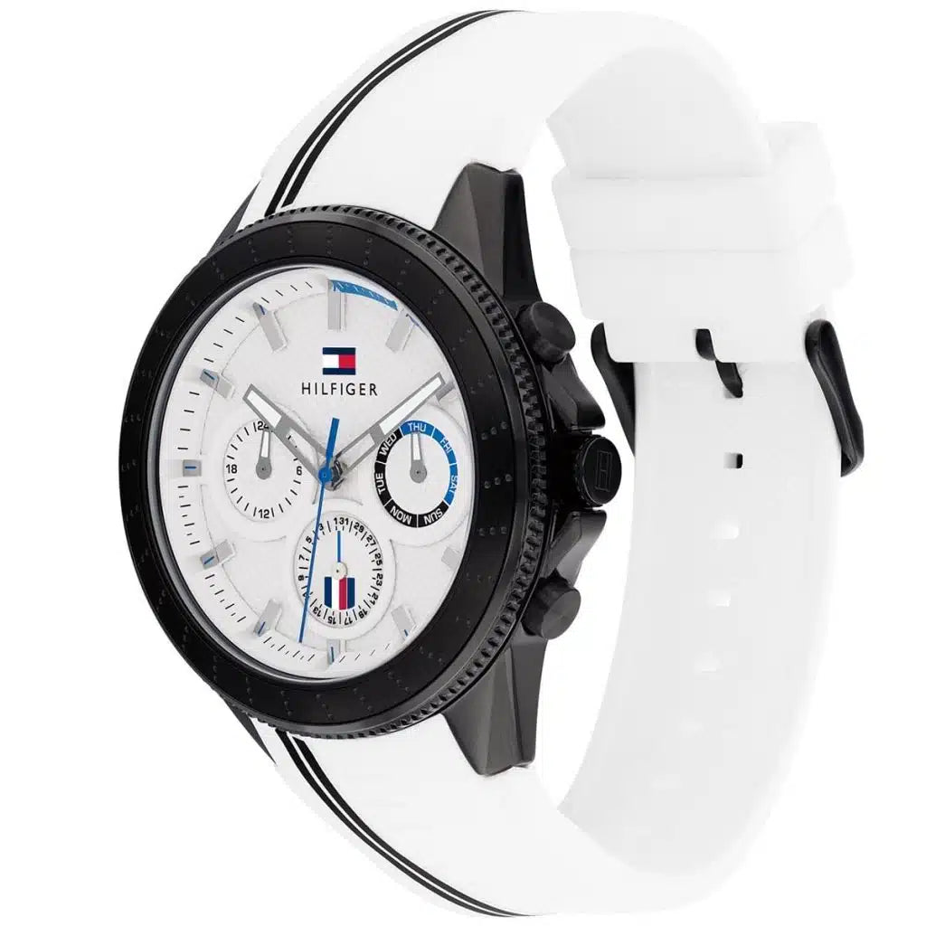 Angled view of the Tommy Hilfiger 1791862 highlighting the black ion-plated stainless steel case