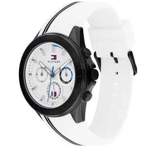 Angled view of the Tommy Hilfiger 1791862 highlighting the black ion-plated stainless steel case