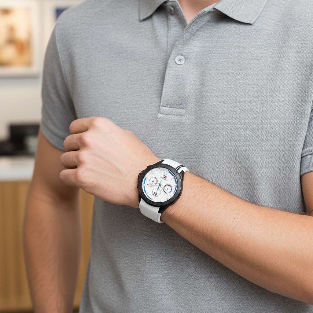 Male model wearing Tommy Hilfiger 1791862 black watch with a white sporty outfit