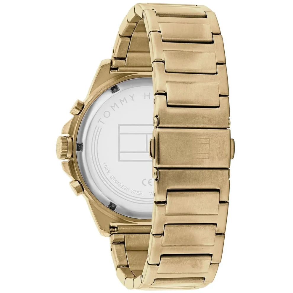 Angled view of Tommy Hilfiger 1791891 highlighting the polished gold case and integrated stainless steel bracelet