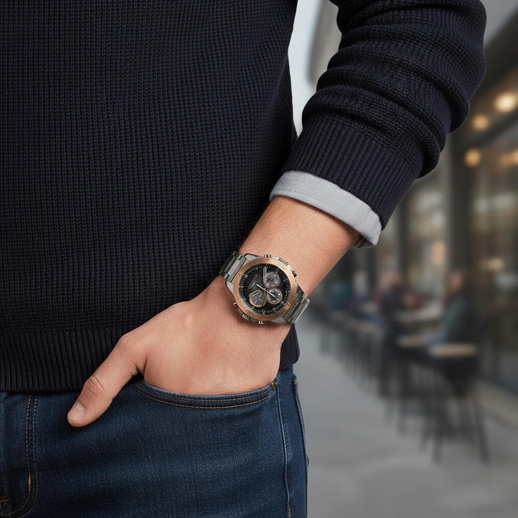 Man wearing Tommy Hilfiger Harley gunmetal and gold metal watch for a sharp, bold, and luxurious everyday look