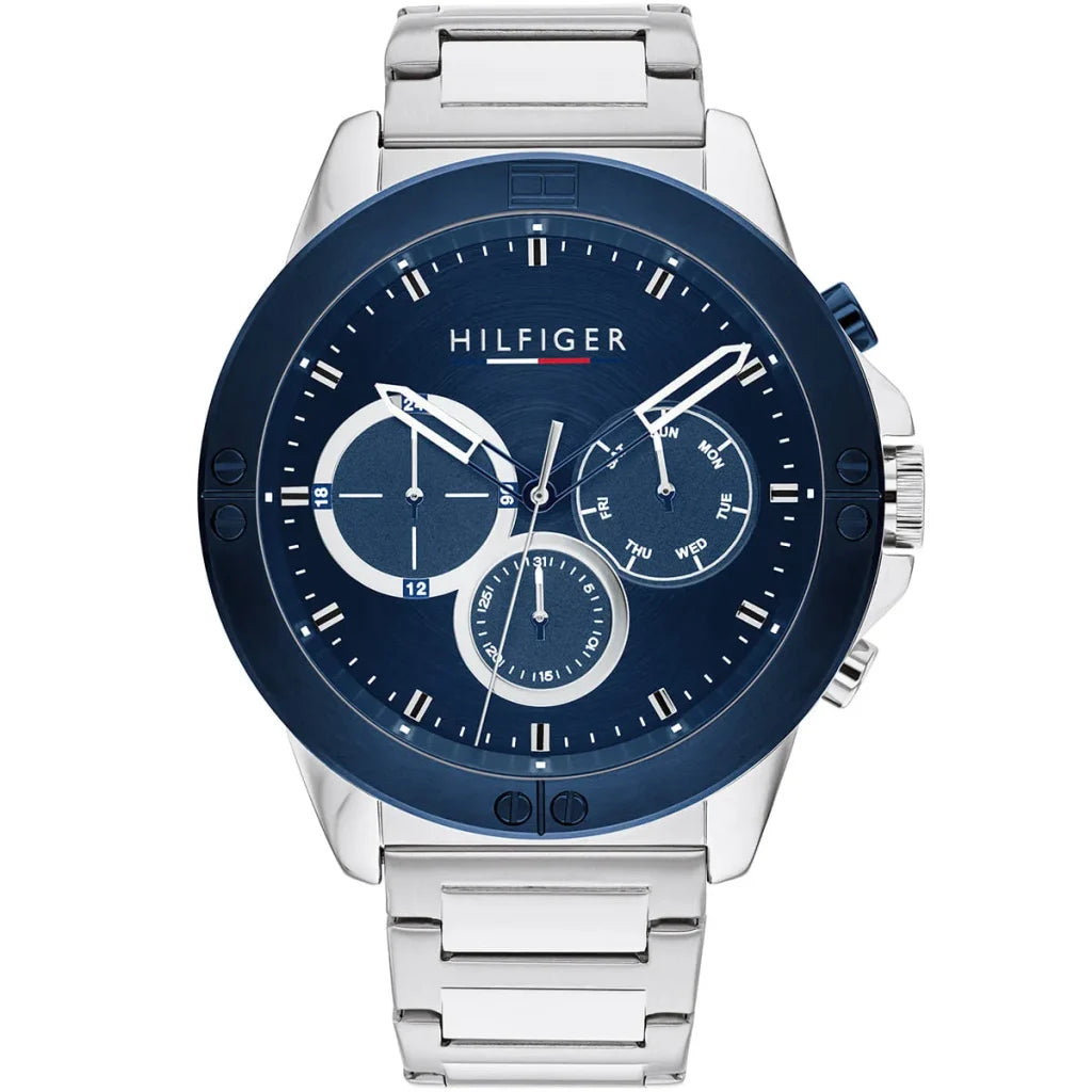 Tommy Hilfiger Harley 1791932 men's watch with silver case, screw-detail bezel, and blue dial