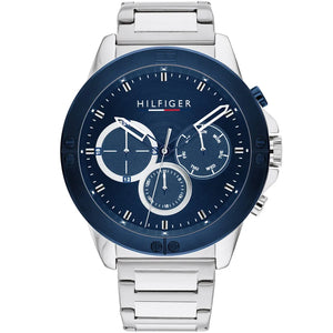 Tommy Hilfiger Harley 1791932 men's watch with silver case, screw-detail bezel, and blue dial