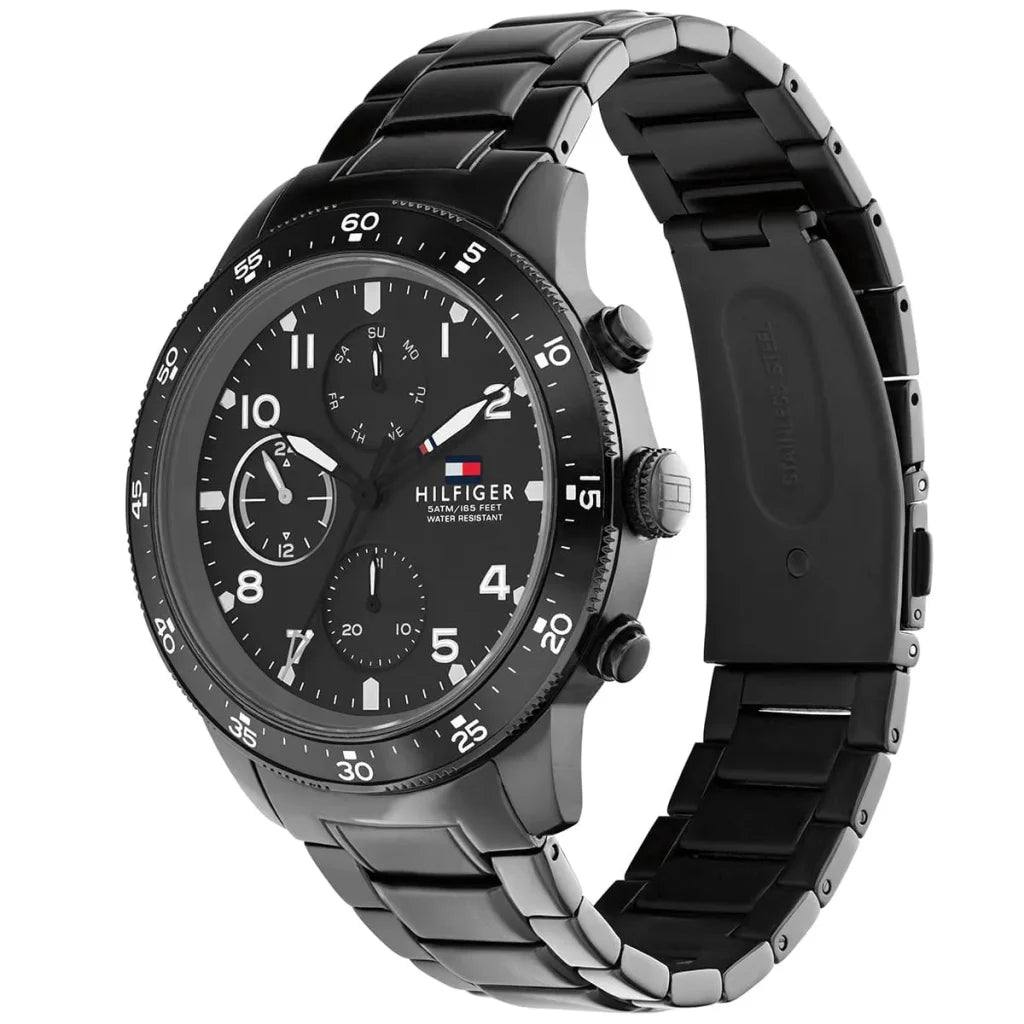 Left side perspective of the black case and sporty bezel details of the Tommy Hilfiger watch