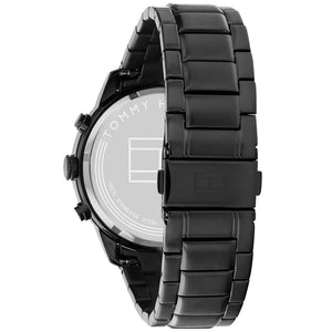 Angled view of Tommy Hilfiger 1791951 highlighting the polished black case and integrated stainless steel bracelet