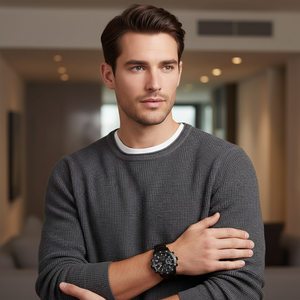 Man wearing Tommy Hilfiger Jimmy black metal watch for a sharp, bold, and dynamic everyday look