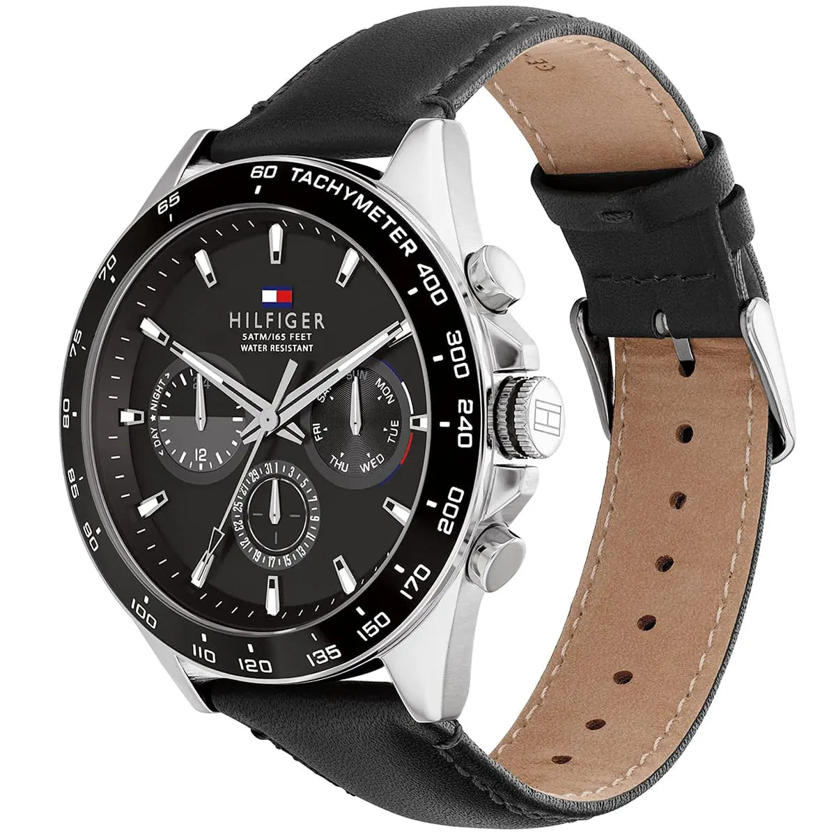 Angled view of Tommy Hilfiger 1791964 highlighting the polished silver case and premium black leather strap