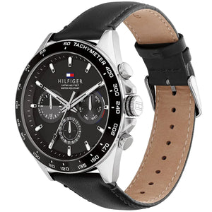 Angled view of Tommy Hilfiger 1791964 highlighting the polished silver case and premium black leather strap
