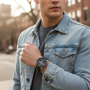Man wearing Tommy Hilfiger Damon silver and black leather watch for a sophisticated, classic, and elegant professional look