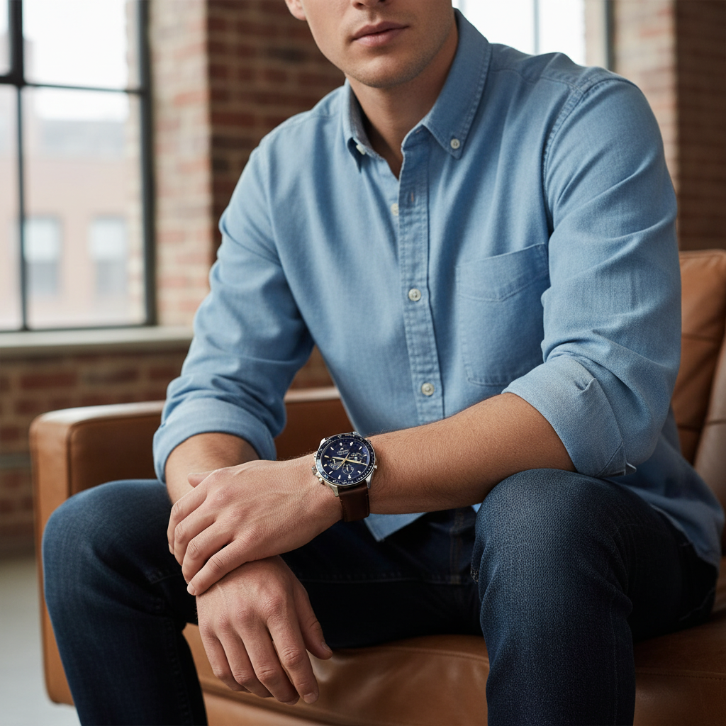 Man wearing Tommy Hilfiger Damon silver and brown leather watch for a sophisticated, classic, and elegant professional look