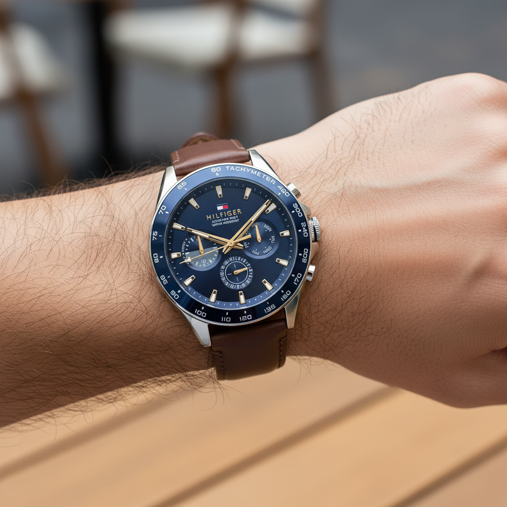 Close up shot of Tommy Hilfiger 1791965 on wrist showing the blue dial with multi-function sub-dials and gold-tone hands