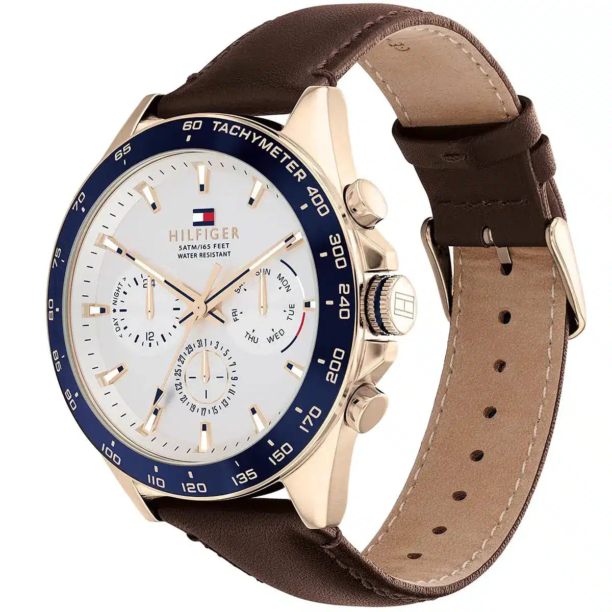 Angled view of Tommy Hilfiger 1791966 highlighting the polished gold-tone case and premium brown leather strap