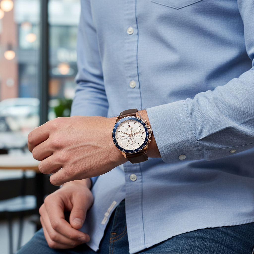 Man wearing Tommy Hilfiger Damon gold and brown leather watch for a sophisticated, luxurious, and elegant professional look