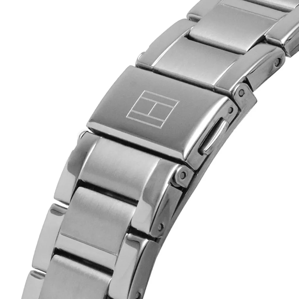 Angled view of Tommy Hilfiger 1791967 highlighting the polished silver case and integrated stainless steel bracelet