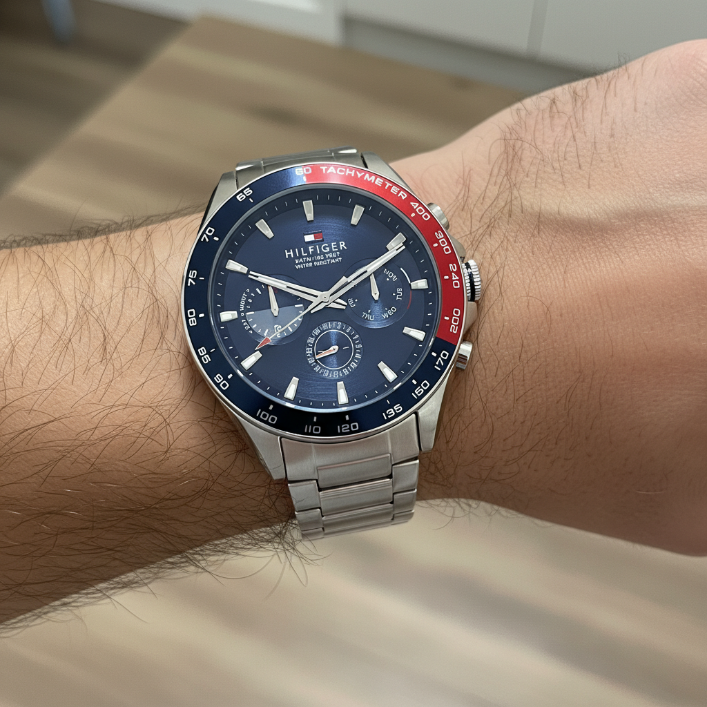 Close up macro view of the blue multifunction dial and pepsi style bezel of Tommy Hilfiger 1791968