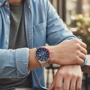 Male model wearing Tommy Hilfiger Owen 1791968 silver watch with a casual sport outfit