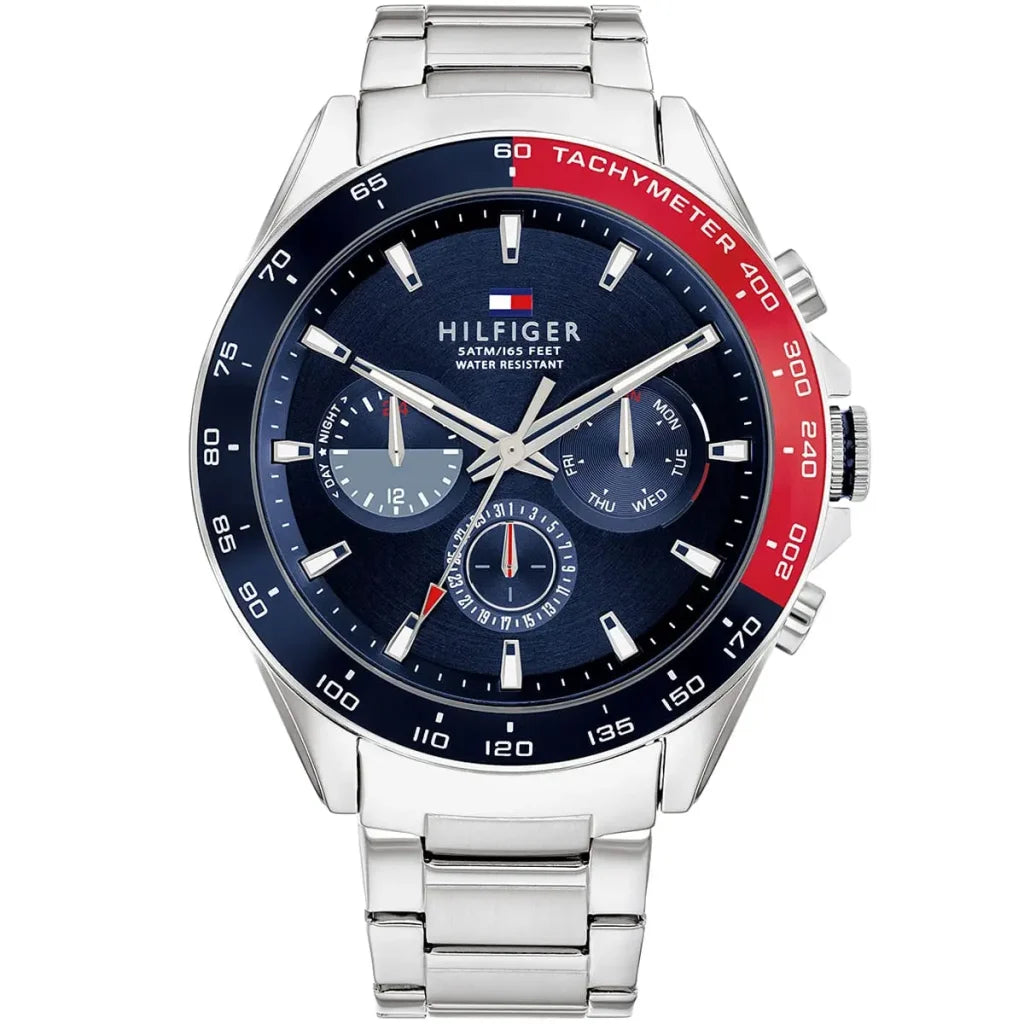 Tommy Hilfiger Owen 1791968 men's watch with silver case, blue dial, and red-blue tachymeter bezel
