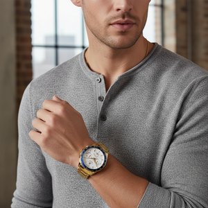 Male model wearing Tommy Hilfiger Owen 1791969 gold watch with a formal outfit