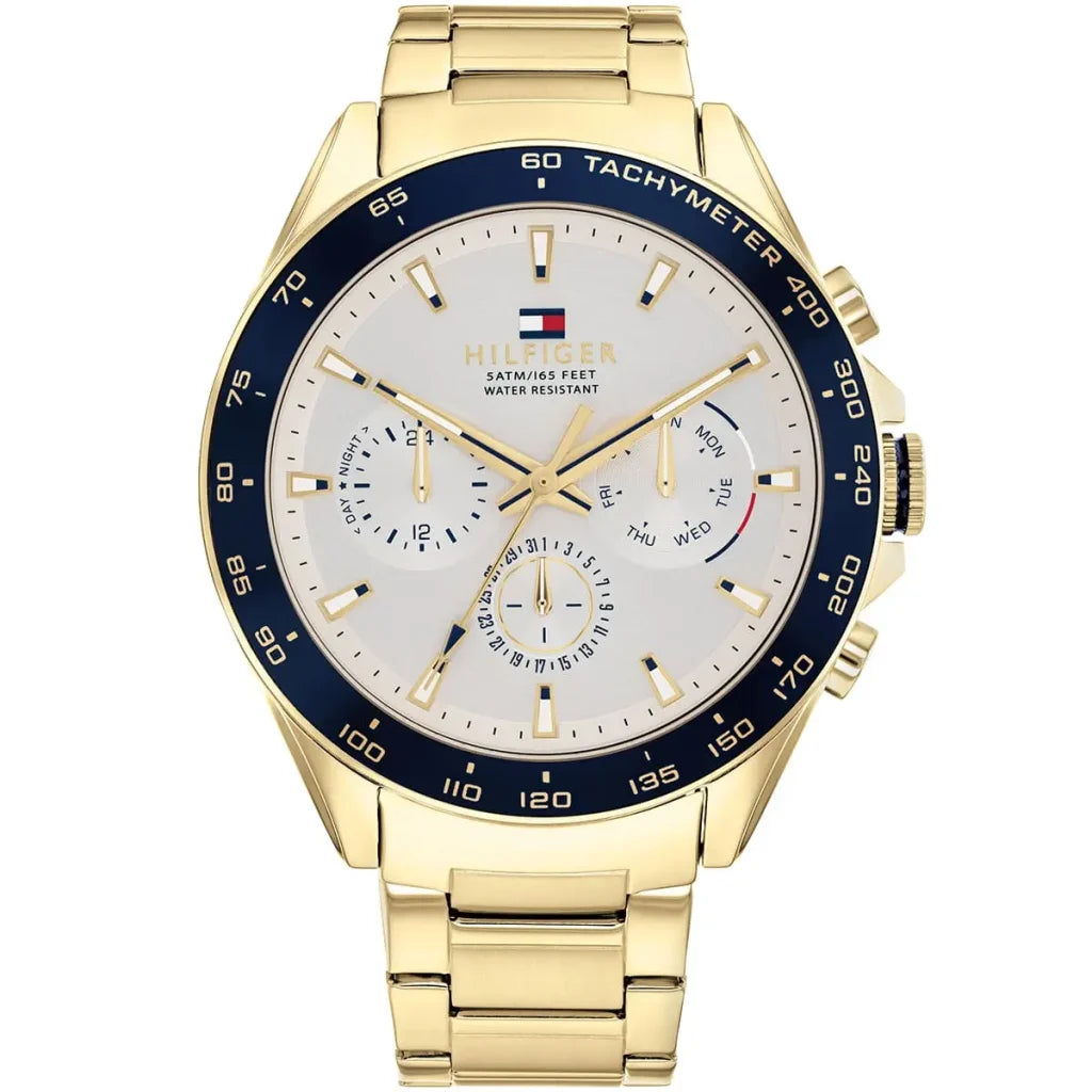 Tommy Hilfiger Owen 1791969 men's watch with gold-tone case, blue bezel, and white dial