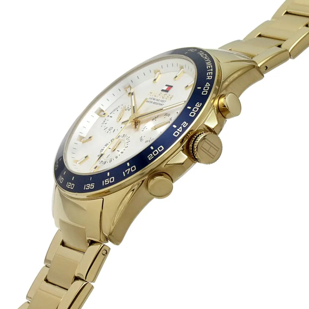 Side profile highlighting the polished gold-tone stainless steel links of Tommy Hilfiger 1791969
