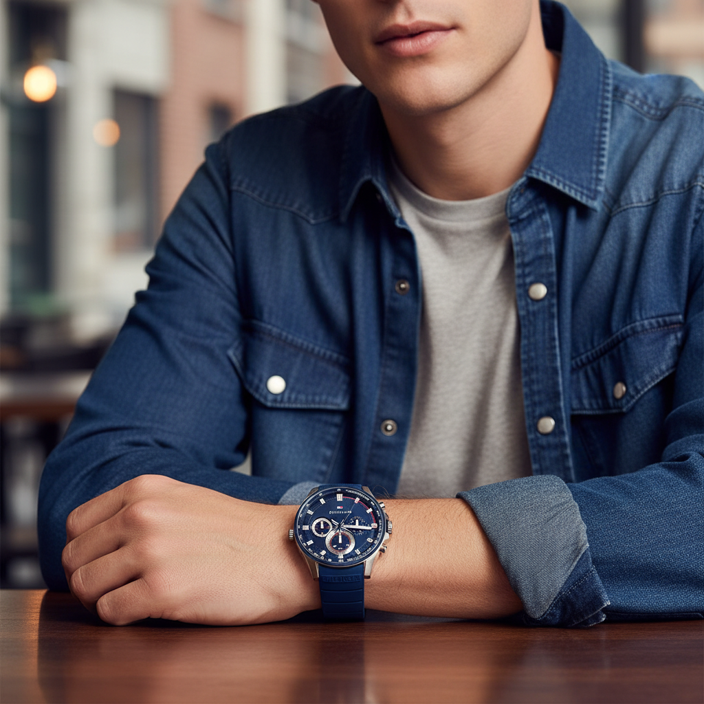 Male model wearing Tommy Hilfiger 1791970 silver watch with a sporty outfit
