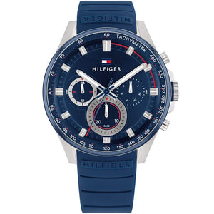 Tommy Hilfiger Max 1791970 men's watch with silver case blue dial and blue silicone strap