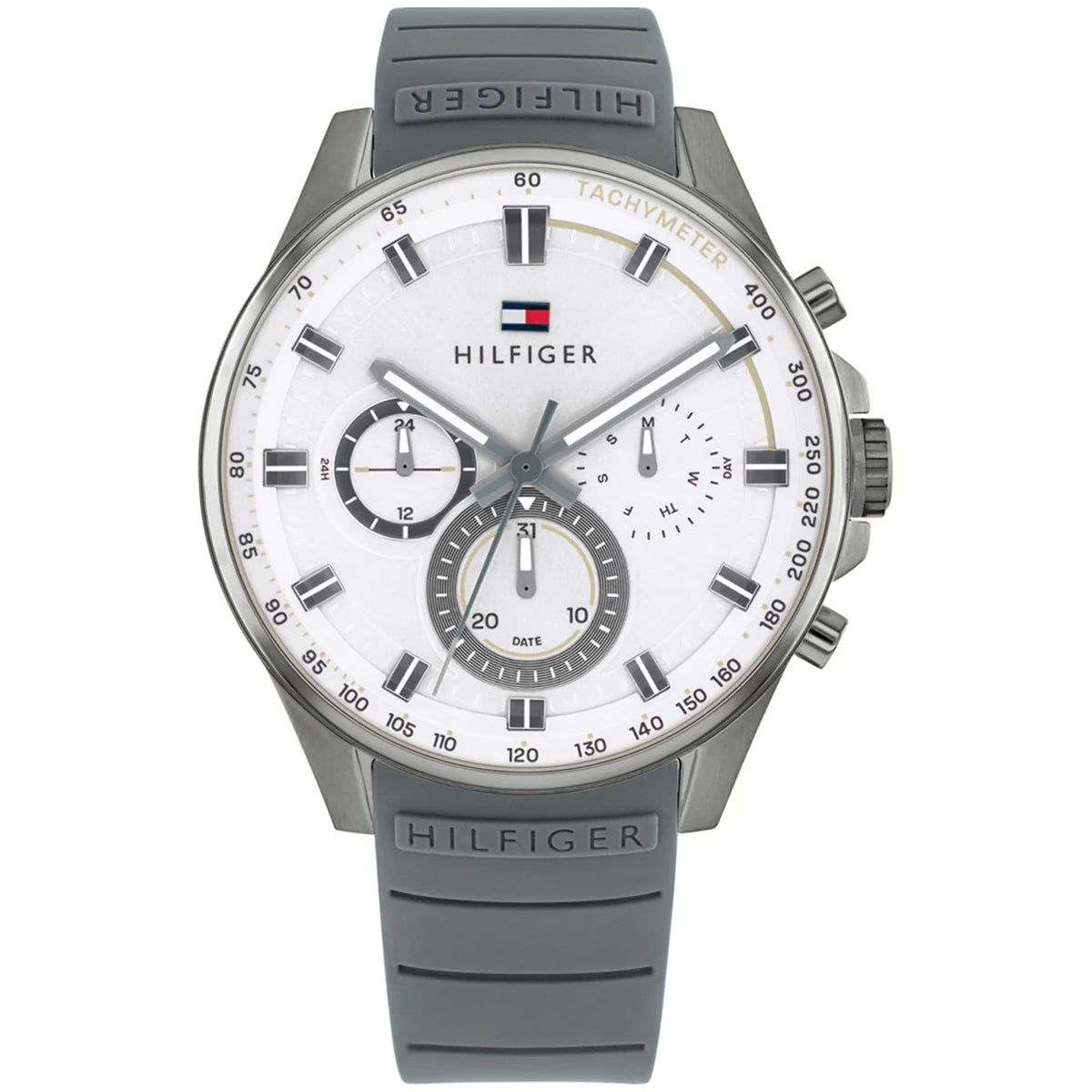 Tommy Hilfiger Max 1791972 men's watch with gunmetal case, white dial, and grey rubber strap