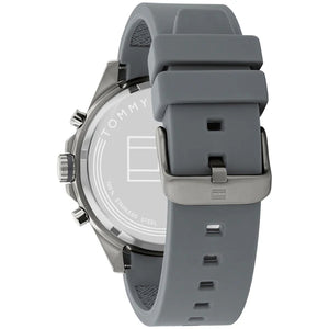 Side perspective highlighting the texture of the grey rubber strap on Tommy Hilfiger 1791972