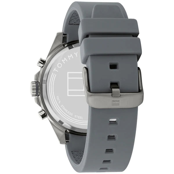 Side perspective highlighting the texture of the grey rubber strap on Tommy Hilfiger 1791972