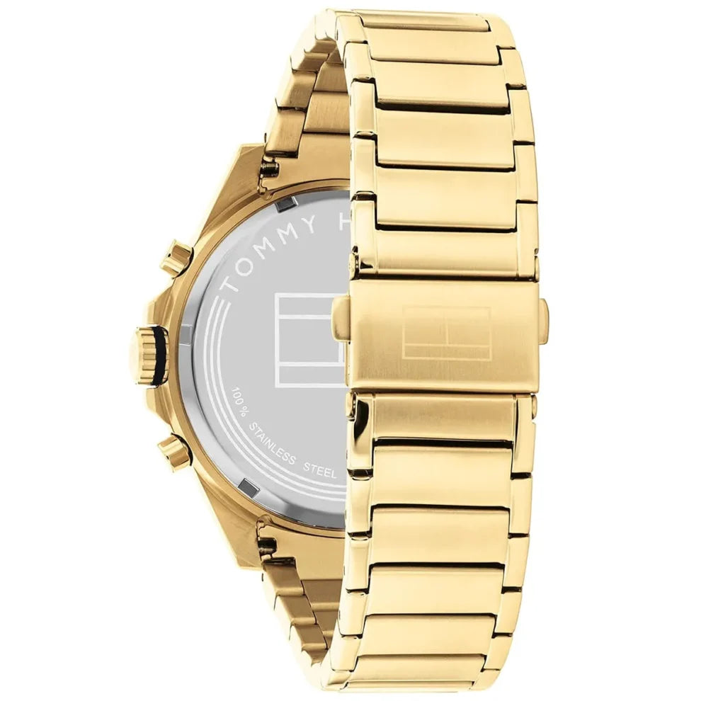 Angled view of Tommy Hilfiger 1791974 highlighting the polished gold-tone case and integrated stainless steel bracelet