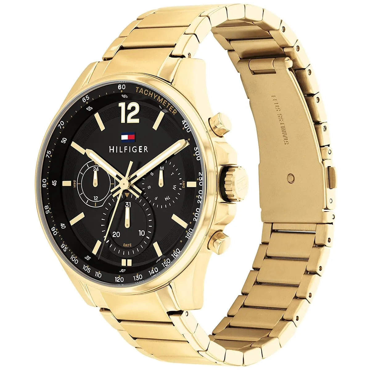 Man wearing Tommy Hilfiger Damon gold metal watch for a sophisticated, luxurious, and elegant professional look