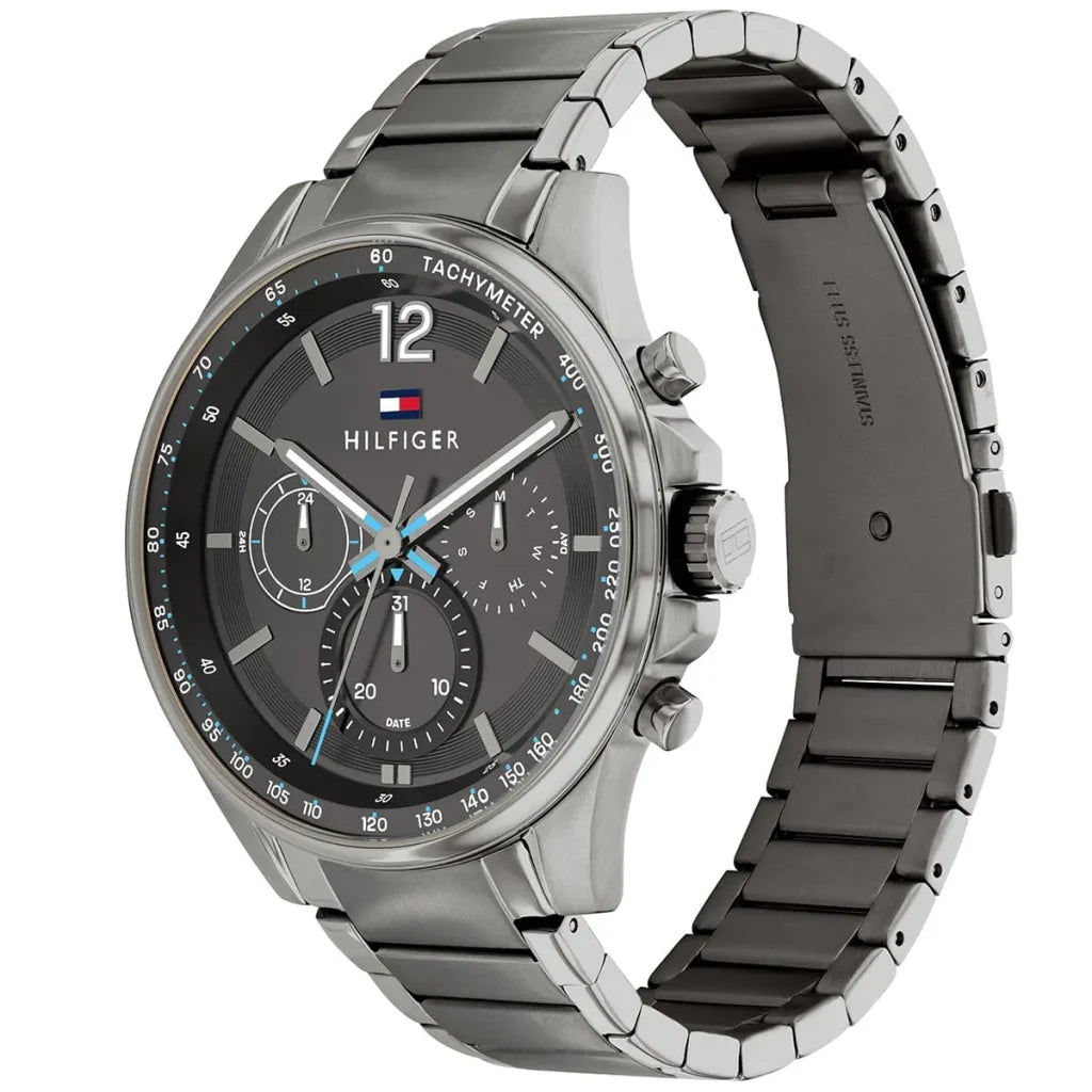 Left side perspective of the Tommy Hilfiger 1791975 grey dial and gunmetal bracelet
