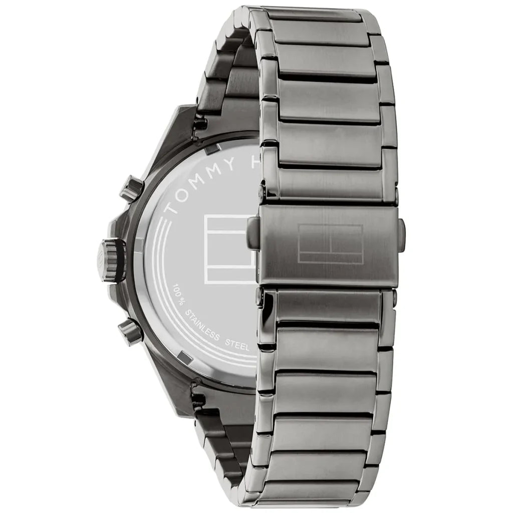 Angled view of the Tommy Hilfiger 1791975 highlighting the brushed gunmetal stainless steel case
