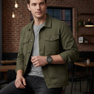 Male model wearing Tommy Hilfiger 1791975 gunmetal watch with a modern casual outfit