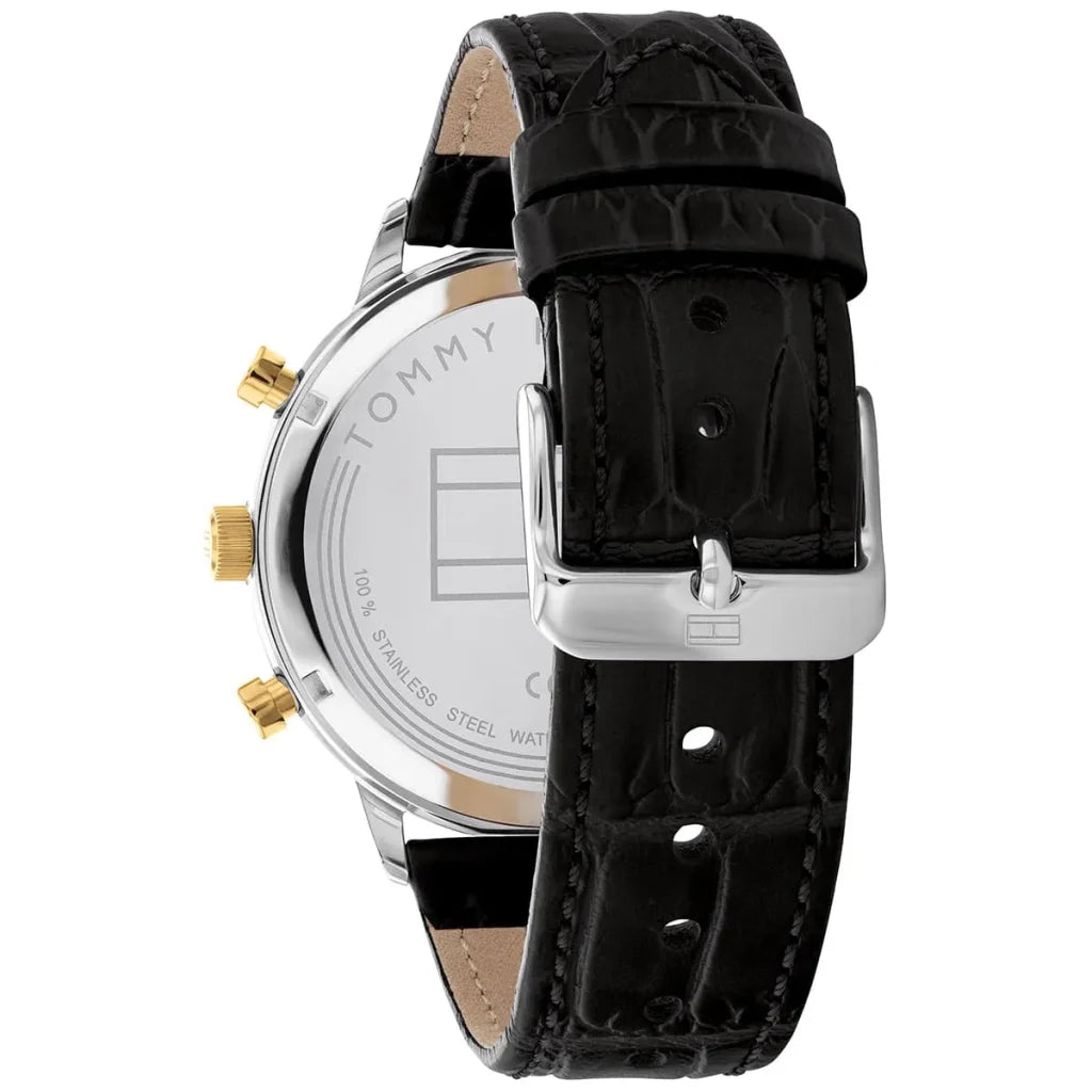 Silver-tone buckle on the genuine black leather strap of the Tommy Hilfiger 1791986