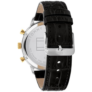 Silver-tone buckle on the genuine black leather strap of the Tommy Hilfiger 1791986
