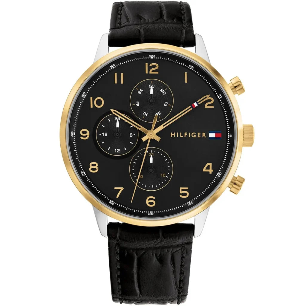 Tommy Hilfiger Leonard 1791986 men's watch with two-tone case black dial and black leather strap
